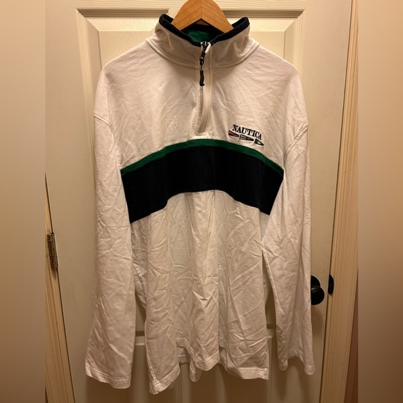 Vintage Nautica 1/4 Zipped White w/ Blue & Green Stripes Pull Over Shirt… - Picture 1 of 13